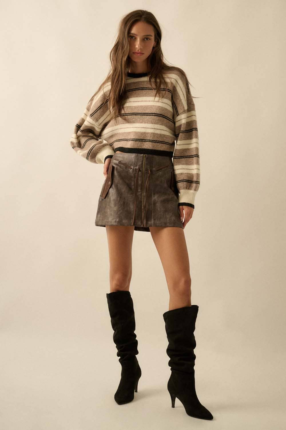 Striped Knit Dolman-Sleeve Loose-Fit Sweater