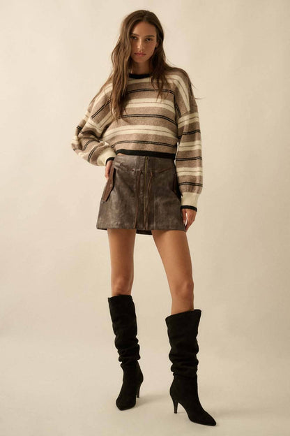 Striped Knit Dolman-Sleeve Loose-Fit Sweater