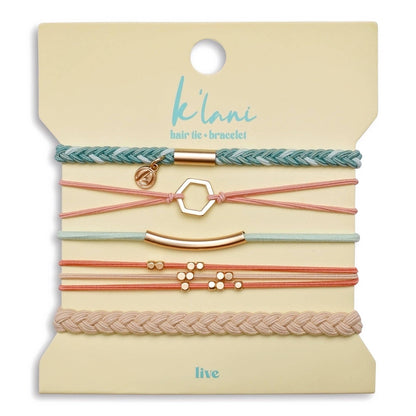 "Live" Teal and Coral with Gold Accent Hair Tie Bracelets