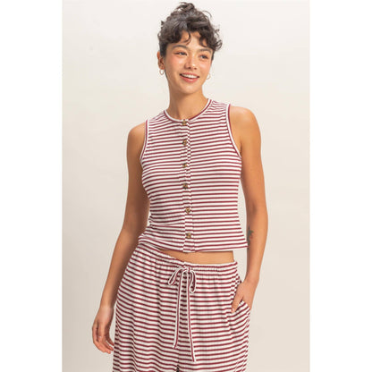 Striped Button-Front Crew Neck Sleeveless Top