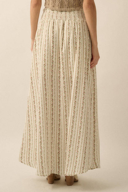 Floral-stripe Yoke-Waist Button-Front Maxi Skirt