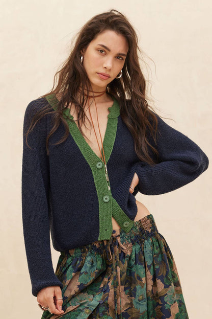 Ribbed Knit Contrast Cardigan Sweater