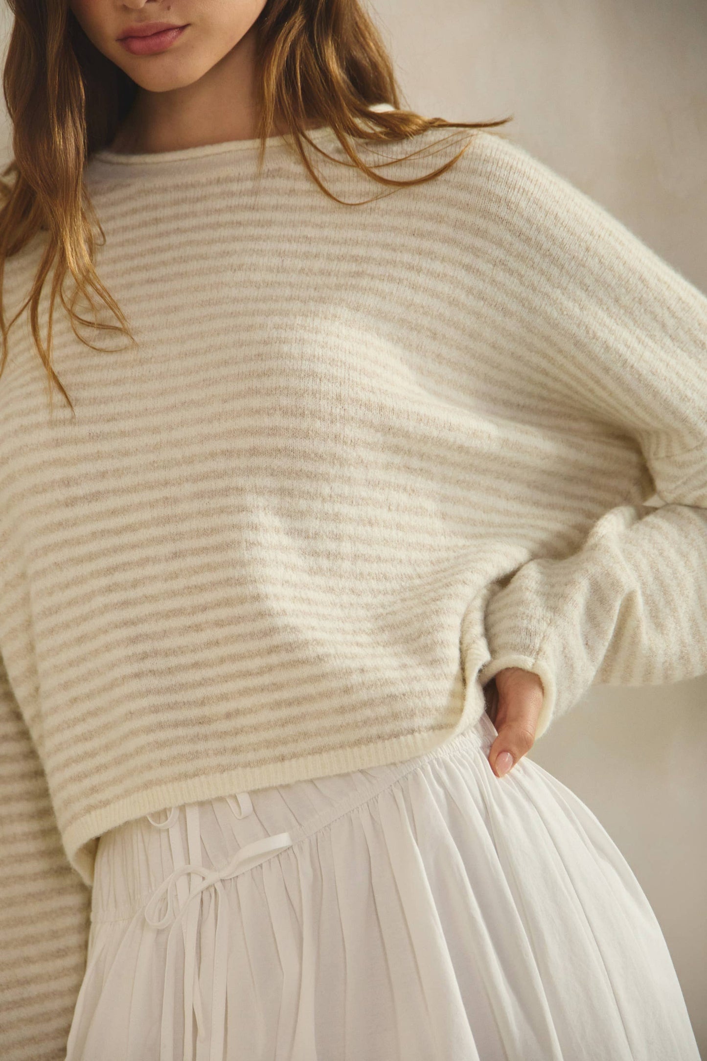 NSW3073 Babe Striped Roll Up Neck Sweater-ECRU