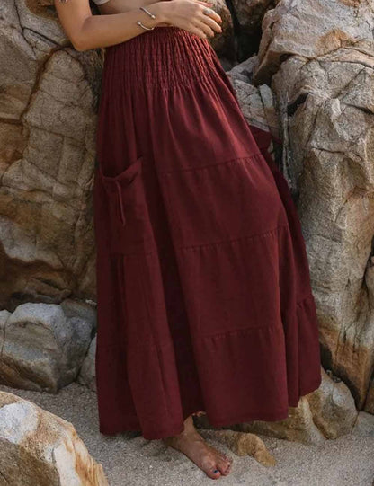 Boho Smocking Pocket Ruched Maxi Skirt