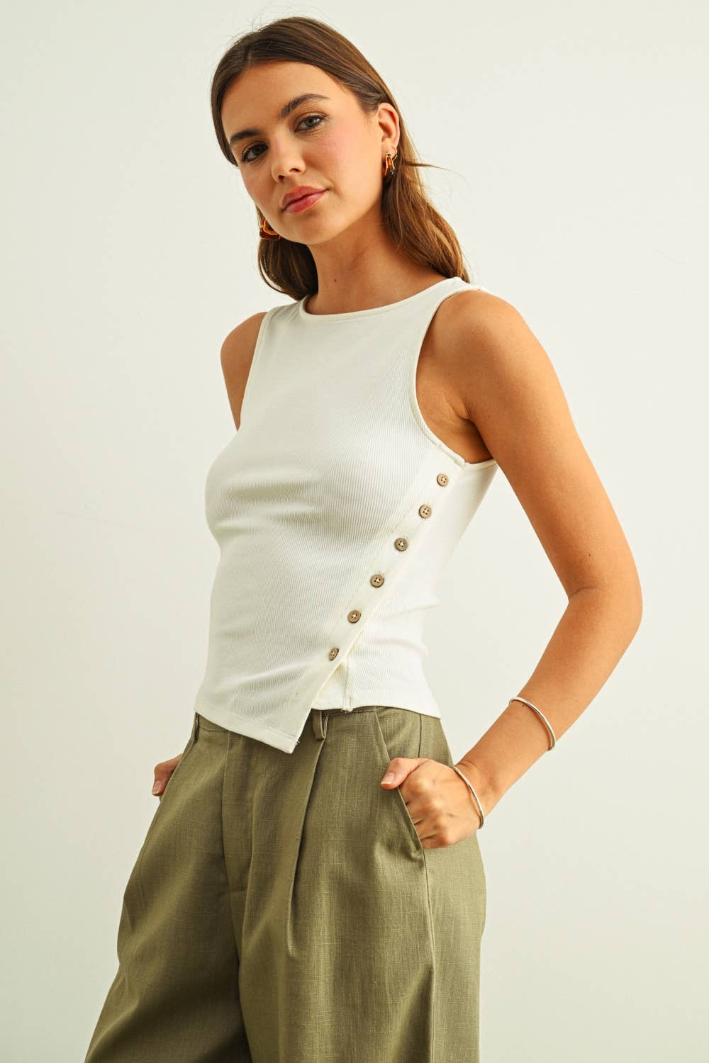 Effortless Ribbed Side Button Top