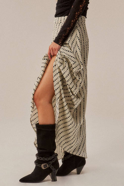 Moon-Print Satin A-Line Maxi Skirt