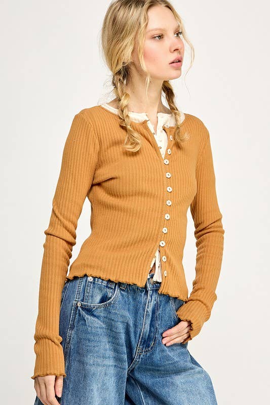 Ribbed Stretch Long Sleeve Button Up