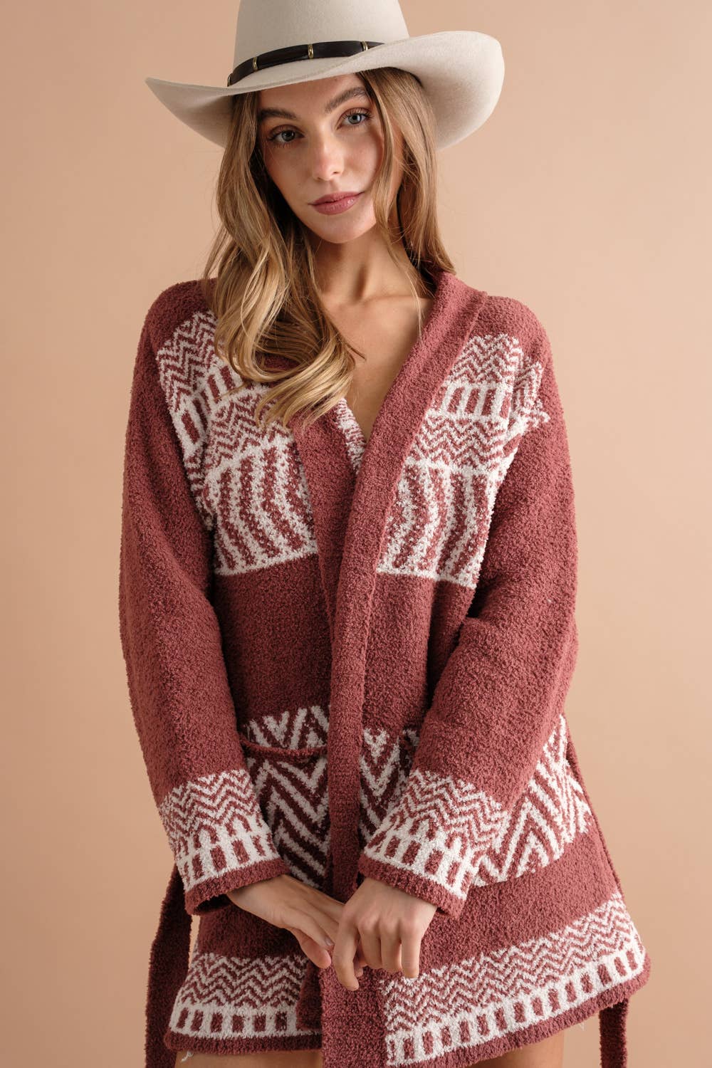 17394W - Cozy Aztec Pattern Pocket Front Tie Open Cardigan