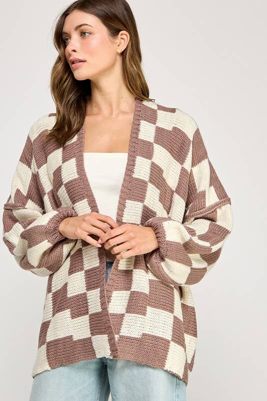 Checkered Drop Shoulder Cardi