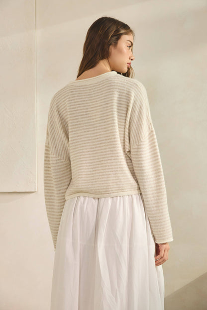 NSW3073 Babe Striped Roll Up Neck Sweater-ECRU