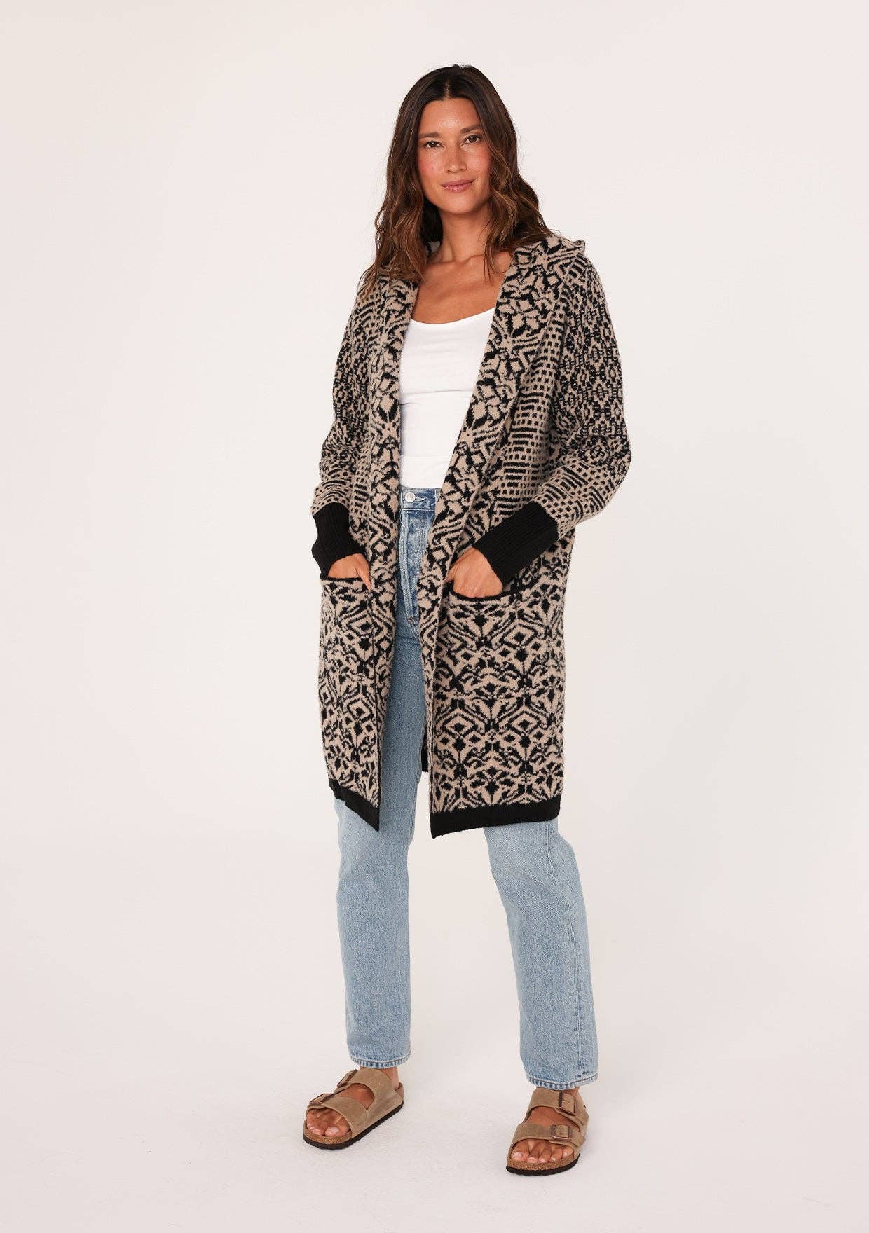 Patchwork Jacquard Open Front Hoodie Cardigan