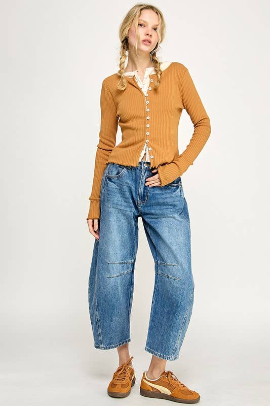 Ribbed Stretch Long Sleeve Button Up