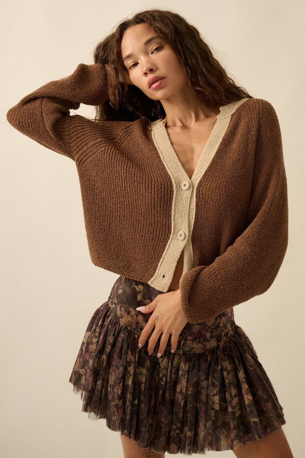 Ribbed Knit Contrast Cardigan Sweater
