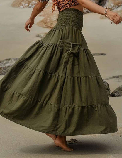 Boho Smocking Pocket Ruched Maxi Skirt