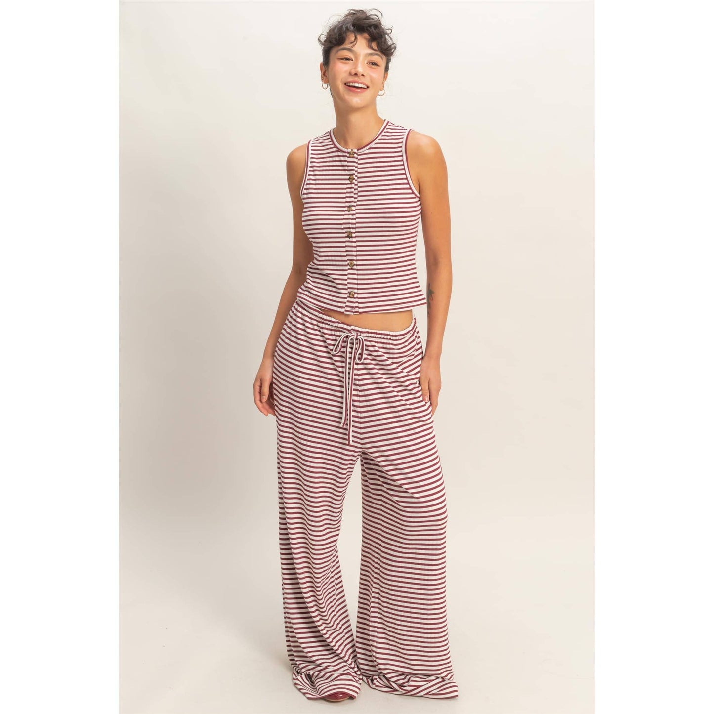 Striped Button-Front Crew Neck Sleeveless Top