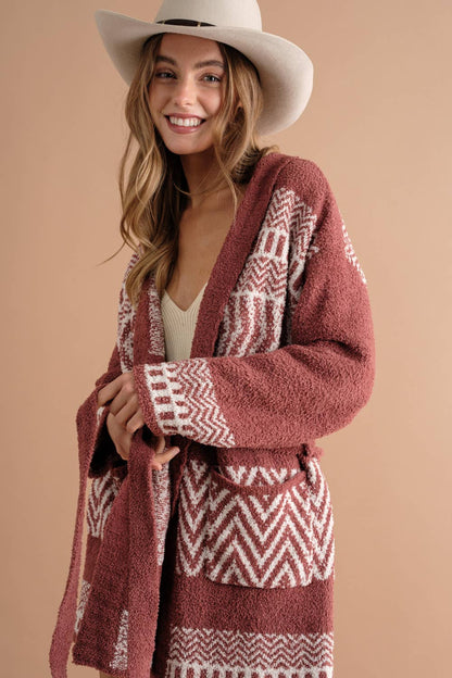 17394W - Cozy Aztec Pattern Pocket Front Tie Open Cardigan