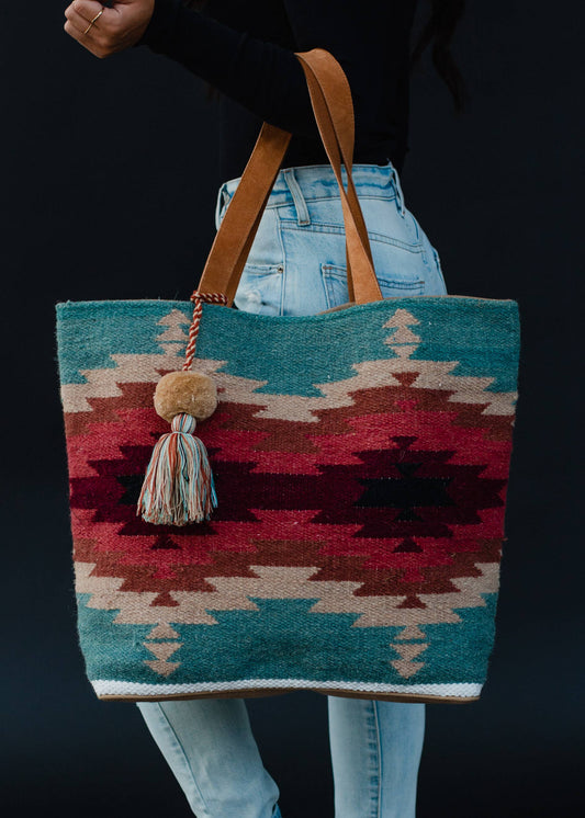 Teal, Burgundy & Tan Aztec Tote