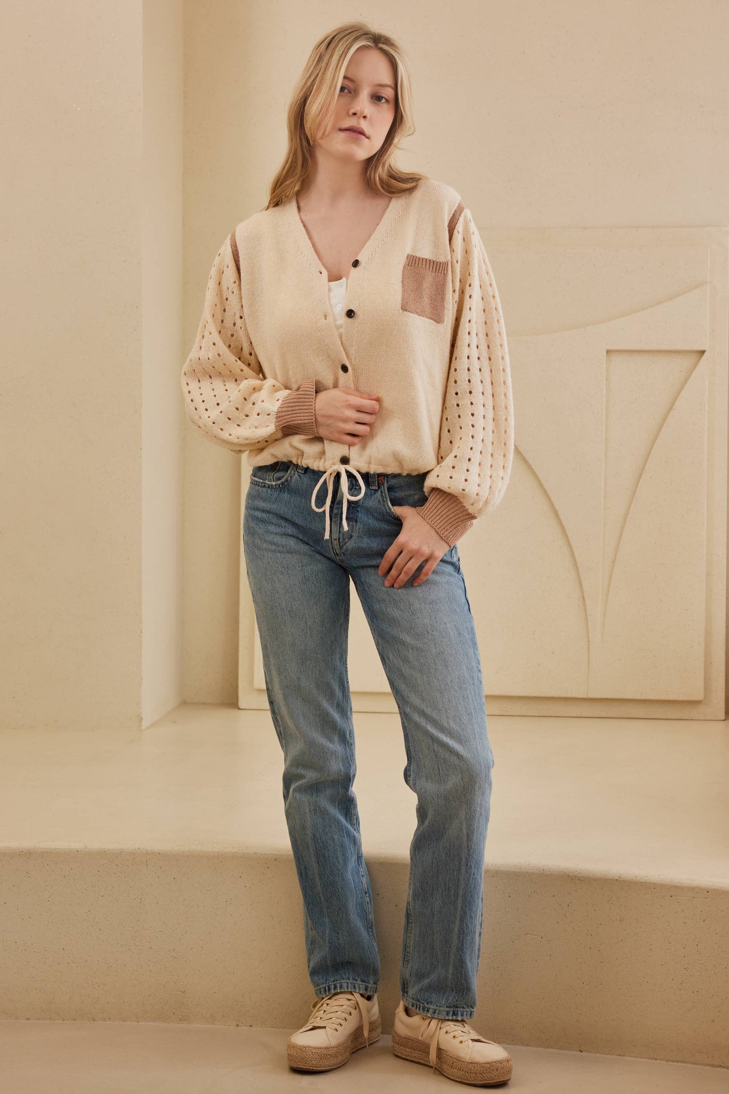 V Neck Button Down Cardigan with Crochet Sleeve