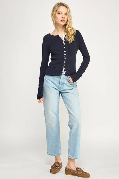 Ribbed Stretch Long Sleeve Button Up