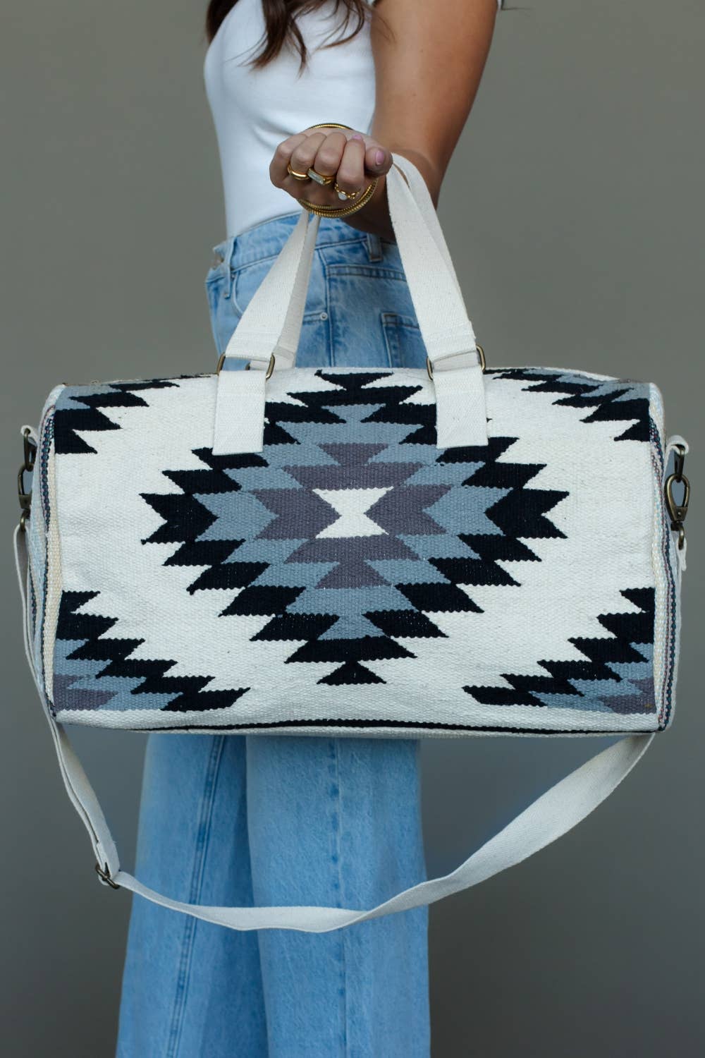 White, Black & Lt. Blue Western Duffel