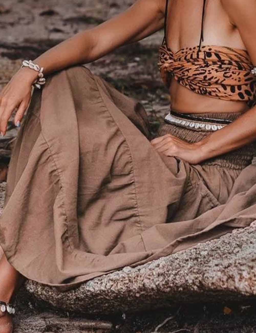 Boho Smocking Pocket Ruched Maxi Skirt