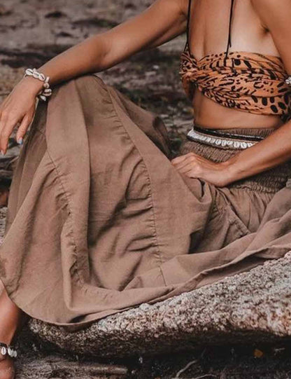 Boho Smocking Pocket Ruched Maxi Skirt