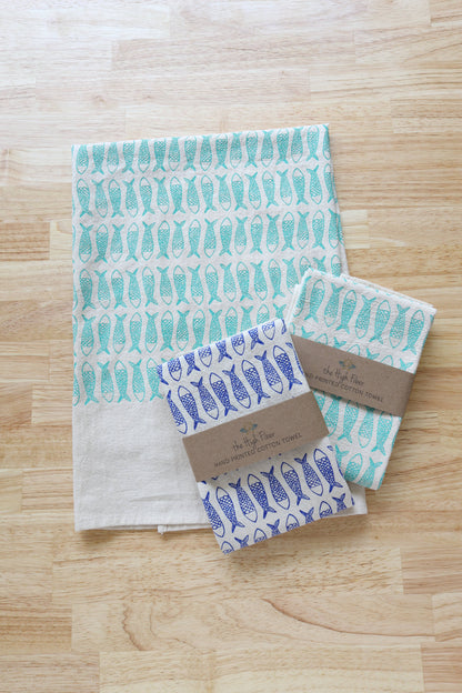 Fish Kitchen Towel, Handprinted Tea Towel