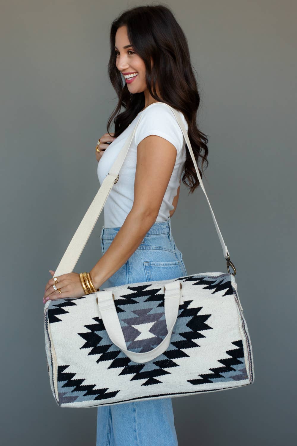 White, Black & Lt. Blue Western Duffel