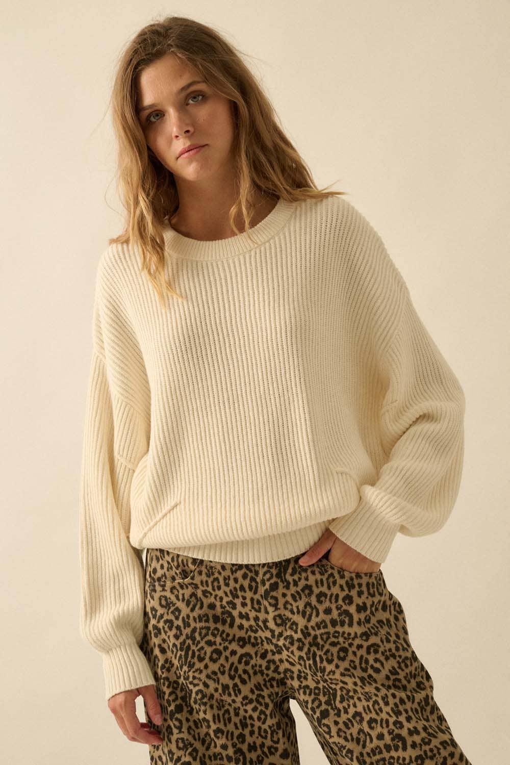 Ribbed Knit Exposed-Seam Sweater