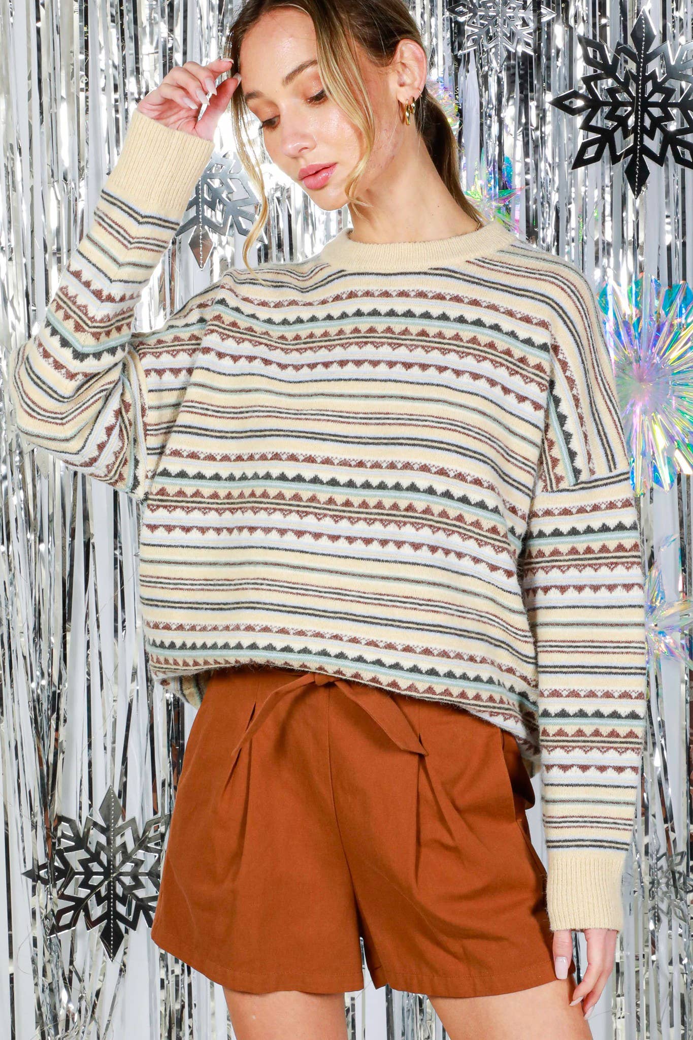 Vintage Crew Neck Stripe Pattern Sweater