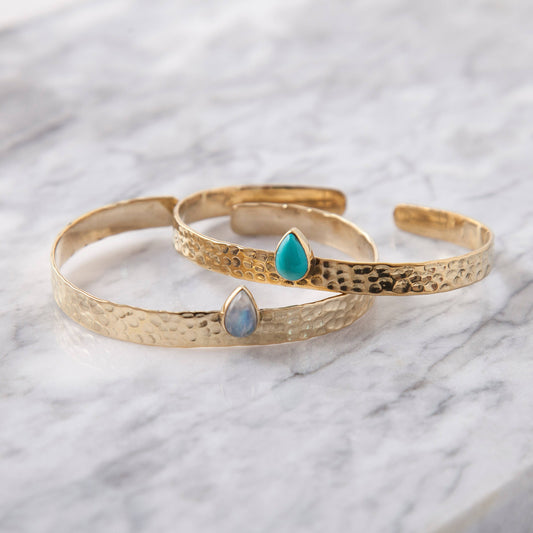 Brass Hammered Cuff with Tear Drop Stone