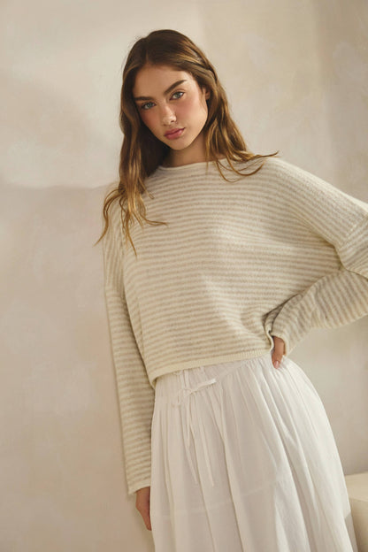 NSW3073 Babe Striped Roll Up Neck Sweater-ECRU