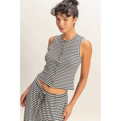 Striped Button-Front Crew Neck Sleeveless Top