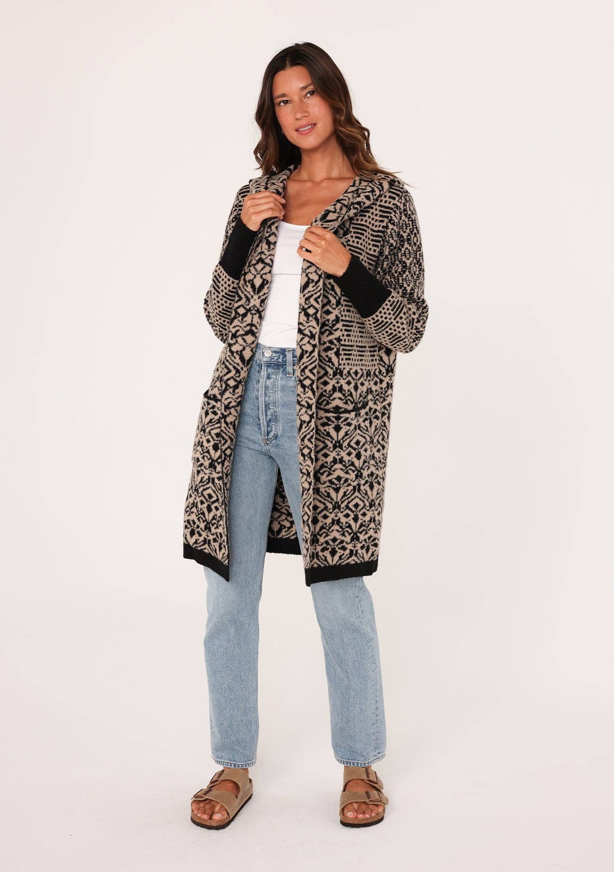 Patchwork Jacquard Open Front Hoodie Cardigan