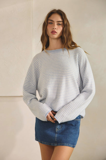 NSW3073 Babe Striped Roll Up Neck Sweater-ECRU