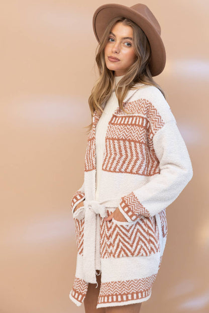 17394W - Cozy Aztec Pattern Pocket Front Tie Open Cardigan