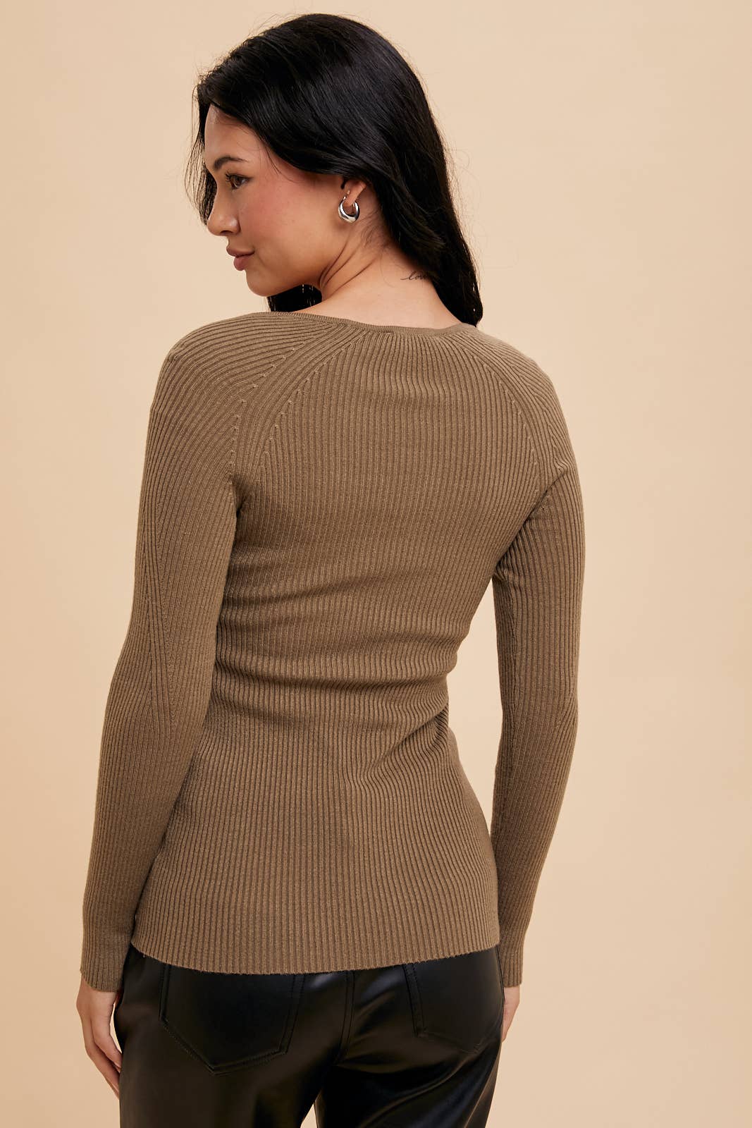 Ribbed Notched V Neck Long Sleeve