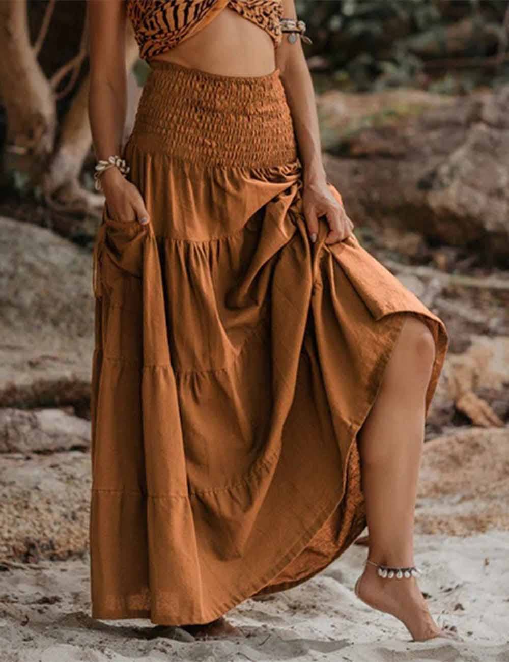 Boho Smocking Pocket Ruched Maxi Skirt