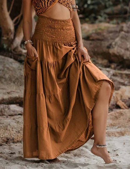 Boho Smocking Pocket Ruched Maxi Skirt