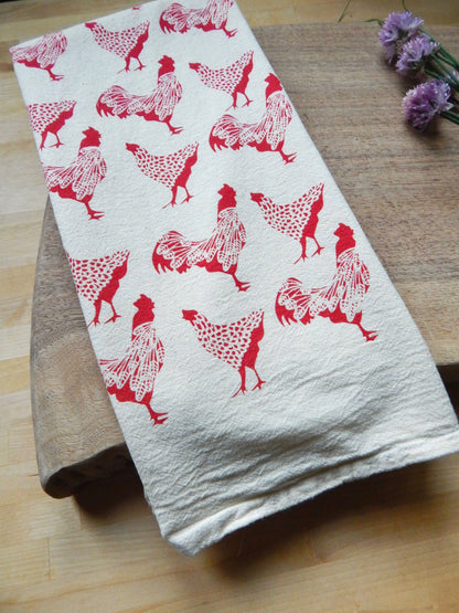 Chicken Kitchen Towel, Handprinted Chicken Tea Towel 