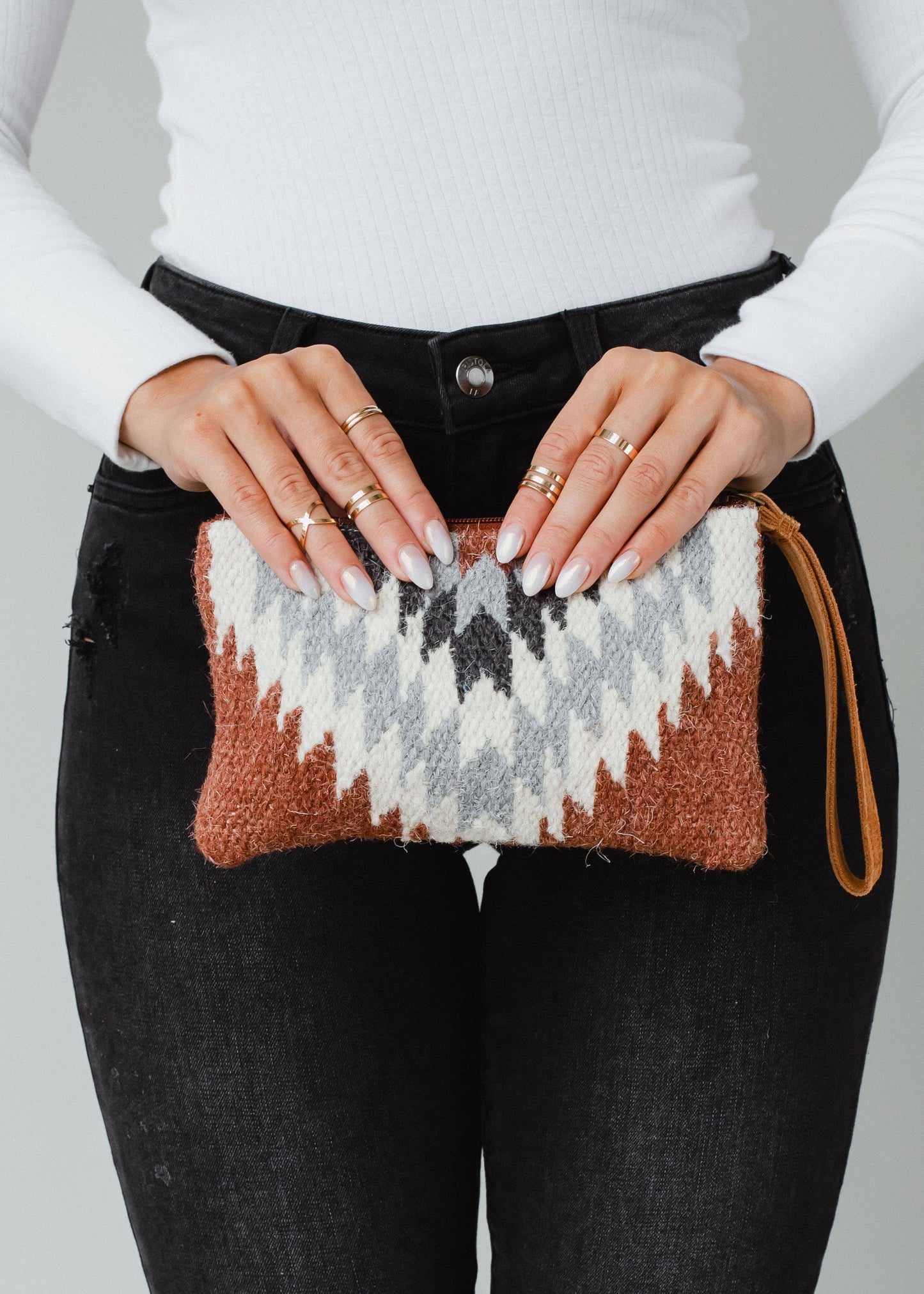 Rust, Cream & Gray Aztec Wristlet