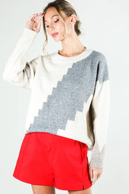 Neutral Color Block Knit Sweater