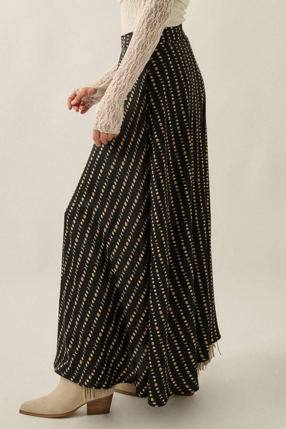 Moon-Print Satin A-Line Maxi Skirt