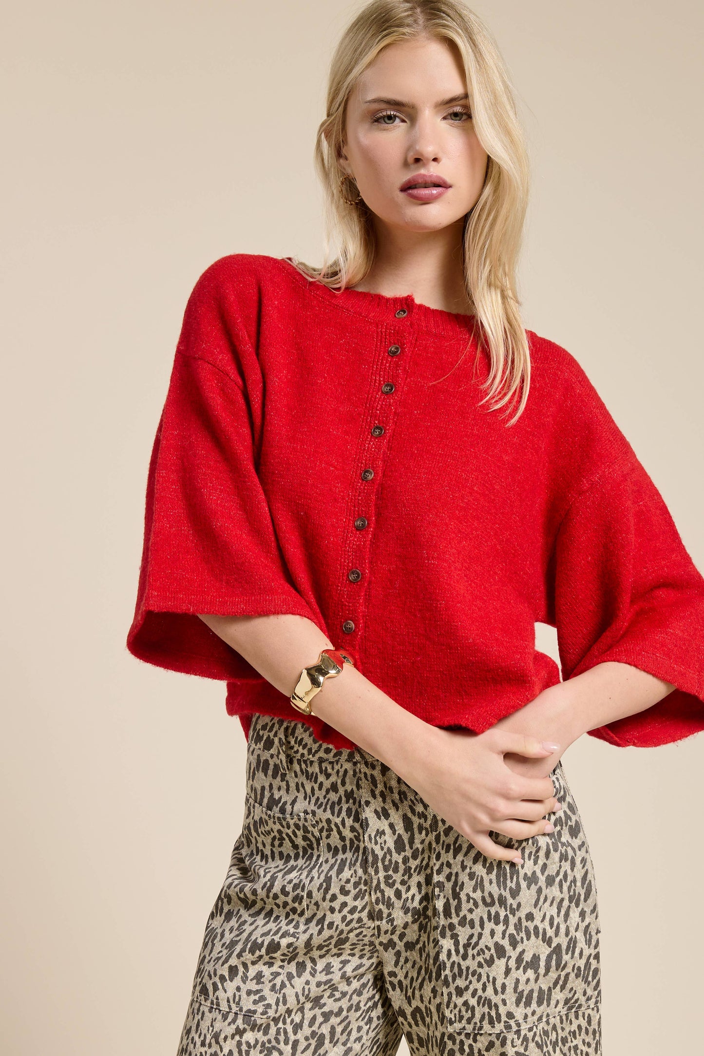 Wide Sleeve Button Front Knit Cardi