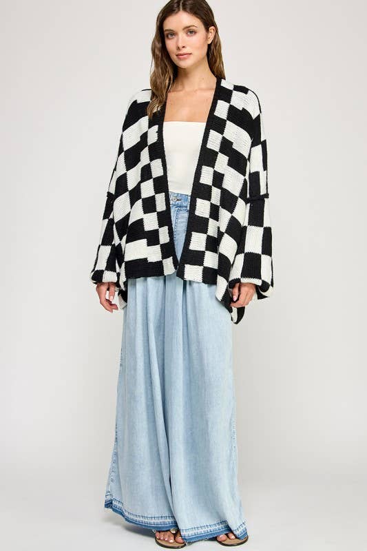 Checkered Drop Shoulder Cardi