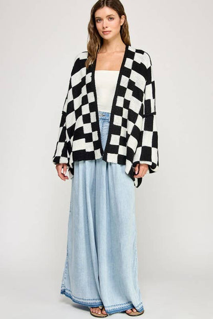 Checkered Drop Shoulder Cardi