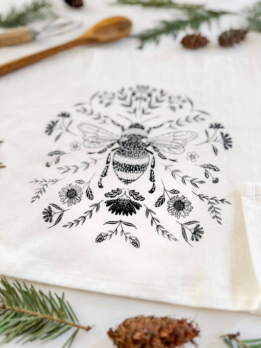 TEA TOWEL with  Charcoal  Bee / Bee Decor / Home Decor