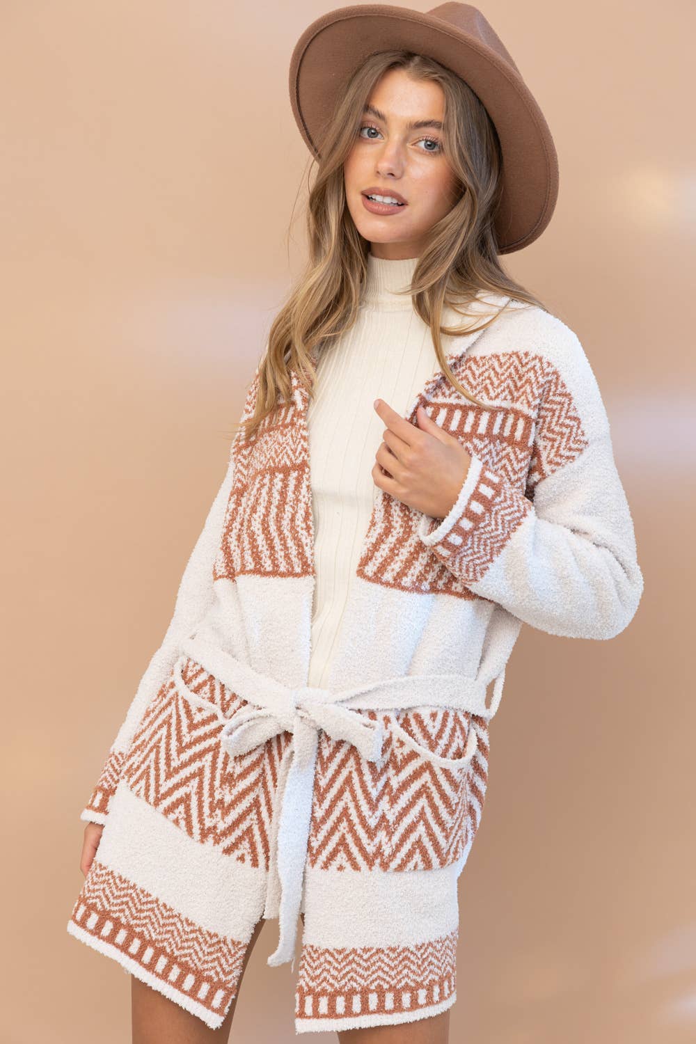 17394W - Cozy Aztec Pattern Pocket Front Tie Open Cardigan