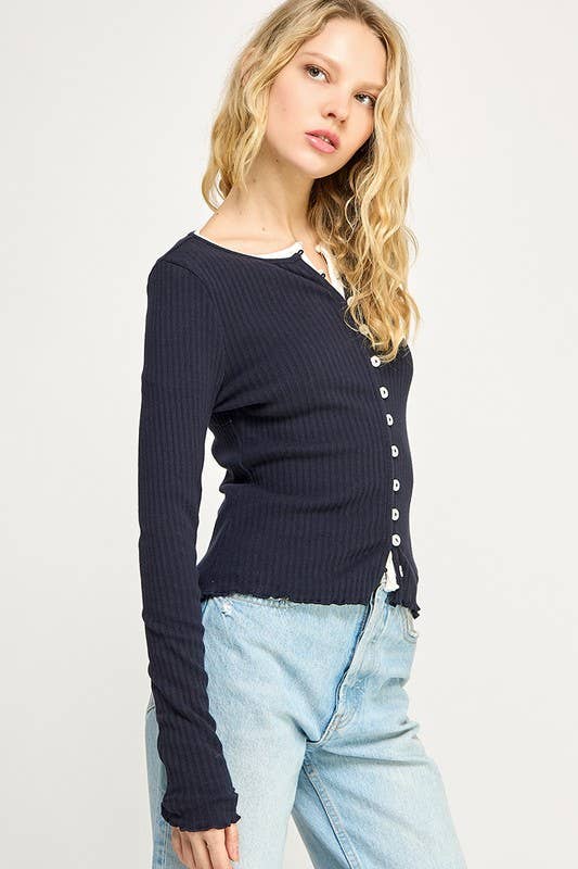 Ribbed Stretch Long Sleeve Button Up