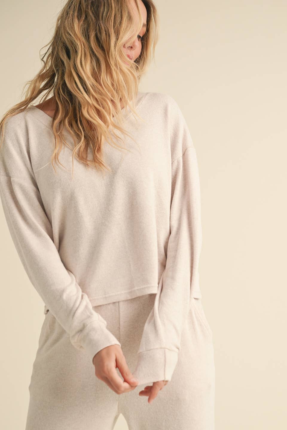 Brushed Hacci Long Sleeve V Neck Top